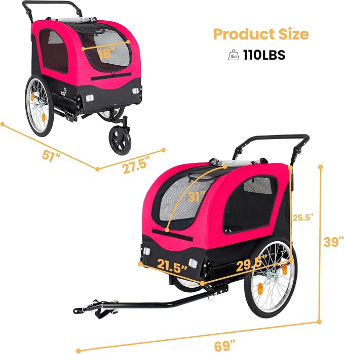 2-in-1 Bike Trailer & Pet Stroller for Dogs up to 110lbs– Foldable Pet Carrier Cart with Front Caster & 20'' Quick Release Air-Filled Wheels, Breathable Mesh and PVC Rain Cover, Red