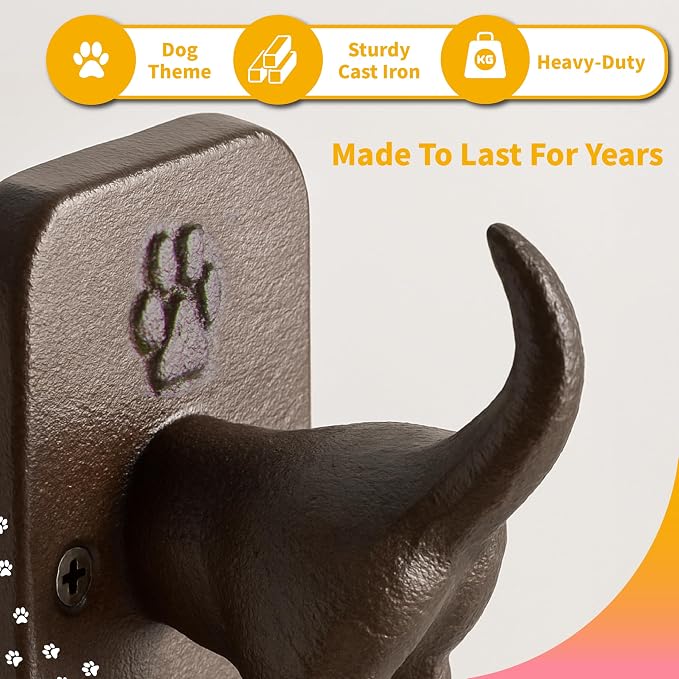 Tapeera 2 Pack Cast Iron Dog Leash Holder for Wall - Dog Butt Hooks Organizer - Heavy Duty Wall Hooks For Keys, Coat, Harness, Hat, Bag, Towel - Rustic Decorative Pet Leash Hook - Gifts for Pet Lovers