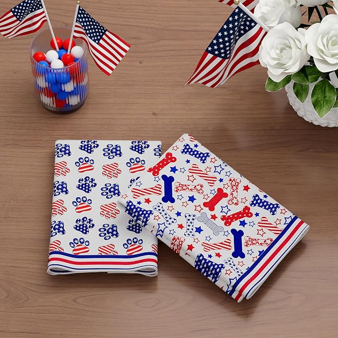 XCHI Dog Paws Bones Stars America Patriotic 4th of July Memorial Day Independence Day Kitchen Towels Dish Towels 18x26 Inch Home Decorations Hand Towels Set of 2 Drying Dishcloth