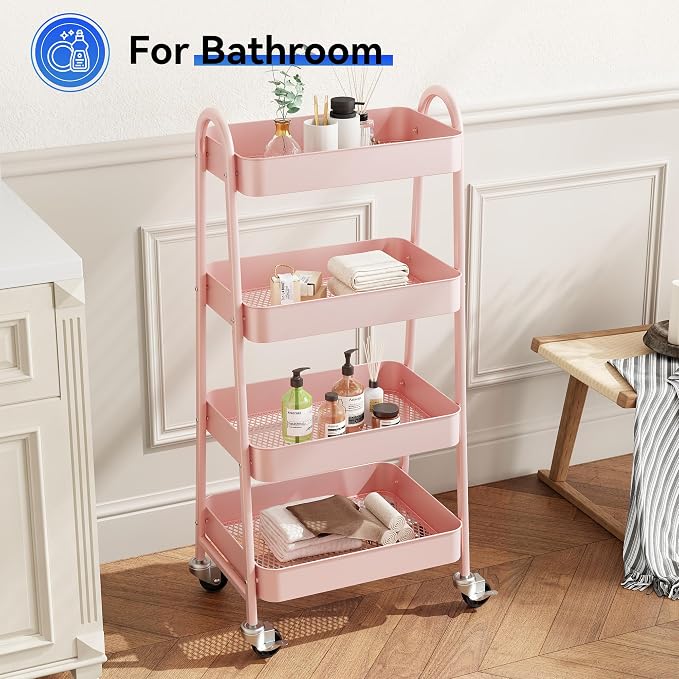 OLIXIS Metal 4 Tiers Rolling Storage Utility Cart with Lockable Wheels | Mobile Organizer Shelf, Space-Saving, Freestanding, Bathroom, Living Room, Slim, Narrow Corner Spaces, Pink