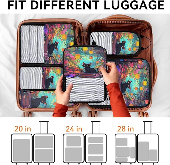 Cute 6 Set Compression Packing Cubes Cat Expandable Packing Organizer for Travel Accessories Luggage Suitcase Bag