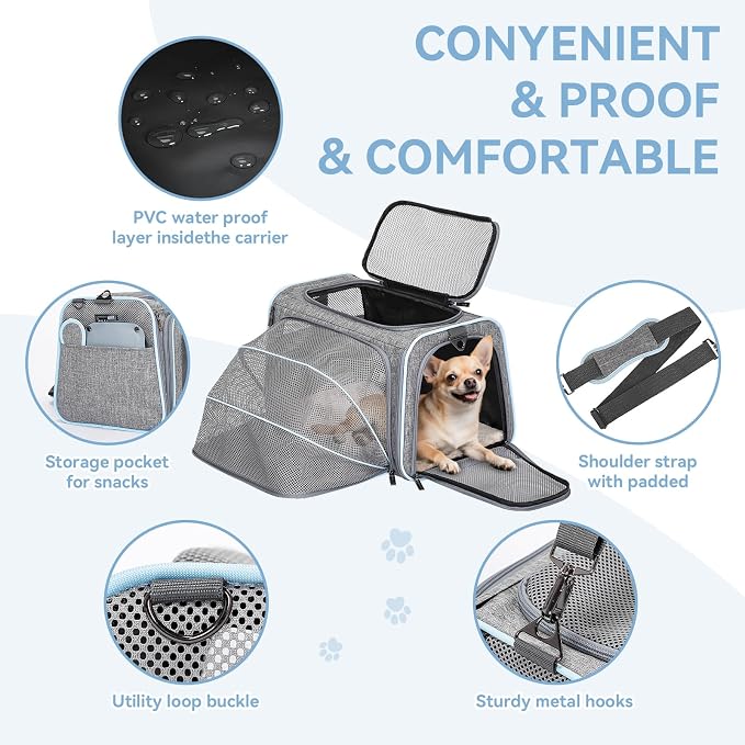Petsfit Medium Expandable Cat Carrier for Air Travel, Up to 13 lb | 17 x 11 x 11 in; sized for Delta Airlines, with locking zippers, a handy D-ring, large pocket and multi-side ventilation.