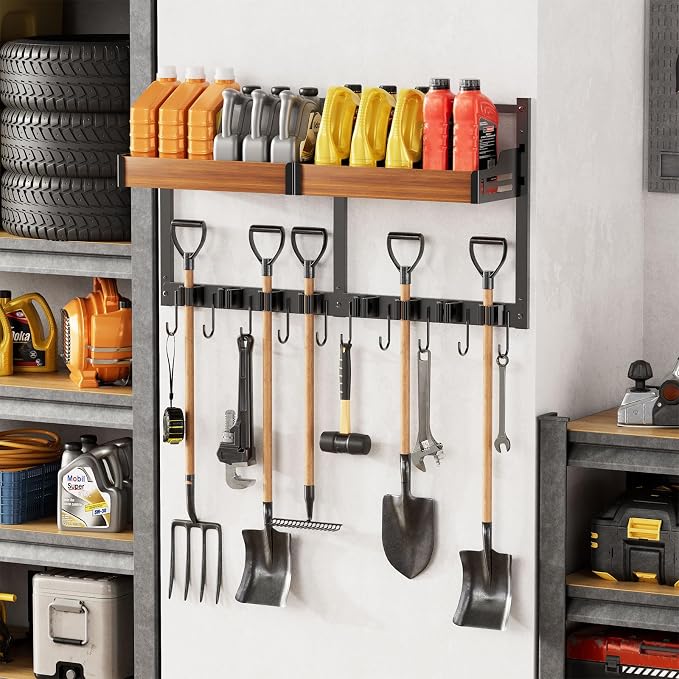 Broom and Mop Organizer Wall Mount, 2 pcs | Wall Hanging, Cleaning Supplies Organizer, Storage Shelf and Hooks, For Laundry Room Garage Kitchen