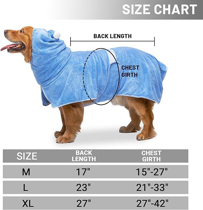 Dog Bath Towel Robe - Quick Drying Absorbent Hooded Pet Bathrobe Towel for Bath Grooming Beach Trip Pool - Soft Cozy Adjustable Drying Coat Hoodie for Medium Large Dogs