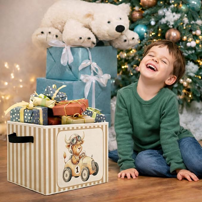 Race Car Highland Cow Beige Stripe Foldable Fabric Storage Bin | Highland cow race car and beige stripe design; collapsible bin for toys, books, clothes in kids room, nursery or playroom.