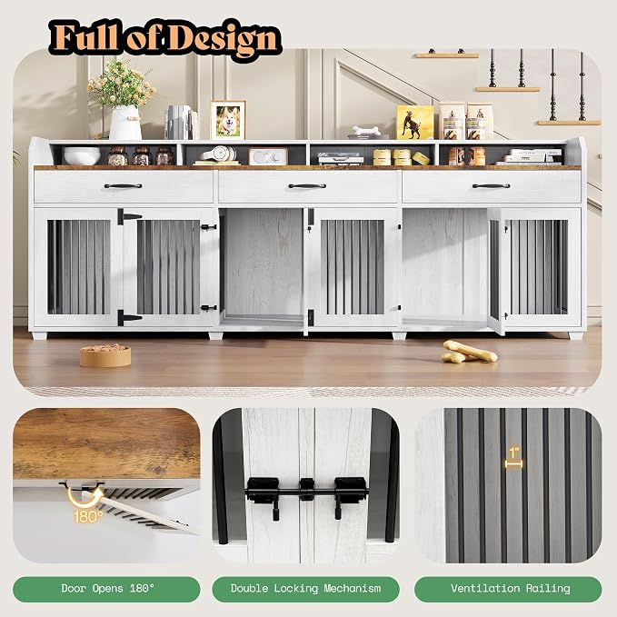 LUXOAK 95" Large Dog Crate Furniture with Storage 3-Room Indoor Dog Kennel | Dog Cage for Large/Medium Dogs, TV Stand & Sideboard with Drawers & Removable Divider, White+Barnwood