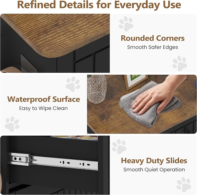 Dog Feeding Station Cabinet Elevated Bowls (Black, Classic Panel) | Slow Feeder Insert, Large food bin, Removable Divider, 3 Side Hooks, Pull-Out Drawer, Easy to Clean for Small & Middle Dogs