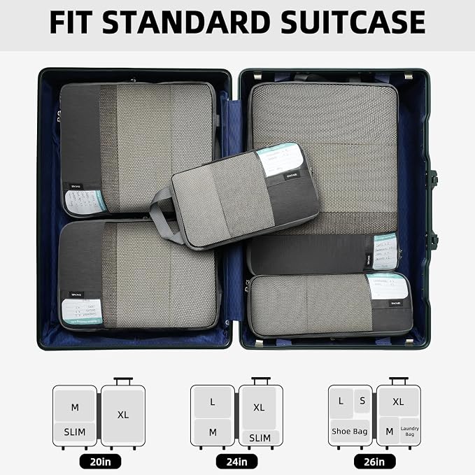 BAGAIL Lightweight Compression Packing Cubes for Travel, 6 Set, Dark Grey | Salis Nylon Fabric,Anti-Tearing,Save Space,SBS Zippers,Packing List,PVC Tag Pocket,Custom Labels,Visible Mesh,Portable Handel
