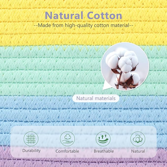 ECDYQXVU 15x10x9 Inch Woven Cotton Rope Storage Basket, 2 Pack | Foldable Design, Built-in Handles, Space-saving Organizer for Living Room, Bedroom, Laundry, Shelves, Clothes, Towels