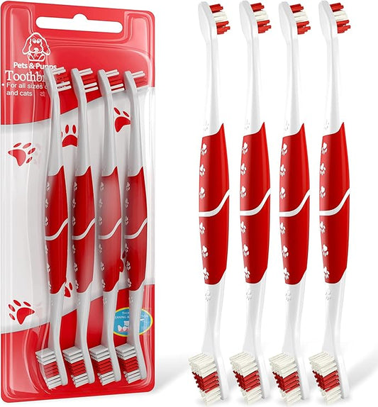 Pet Toothbrush for Dogs, Cats with Soft Bristles - Easy Teeth Cleaning & Dental Care, Non Slip Dual Head Dog Toothbrush for Medium & Large Pets, Toothpaste Not Included (Pack of 4(Red))