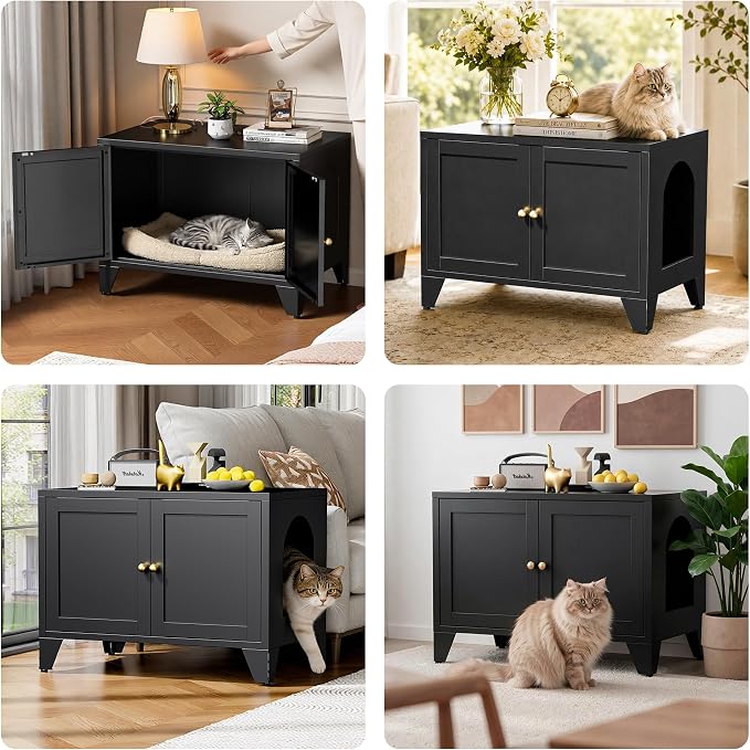 Metal Cat Litter Box Enclosure Furniture, Hidden Cat Washroom Cabinet with 2 Doors, Modern Pet Cabinet for Litter Box or Cat Bed, Dog Proof Indoor Cat House, End Table, Nightstand, Black