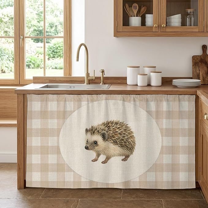 Hedgehog Sink Skirt for Bathroom, Self-Adhesive Under Sink Curtain, Vintage Farmhouse Linen Plaid Rustic Animal Hide Pipes & Storage Fabric Cabinet Skirt Cover for Kitchen Laundry 32"x55"