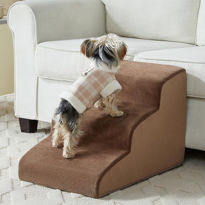 LEXTRO Dog Stairs for Small Dogs, 3-Steps Dog Ramp for Bed and Couch, Pet Stairs with Highly Supportive Foam and Non-Slip Bottom, Pet Steps for Cat & Doggie (High 15.7 Inch)