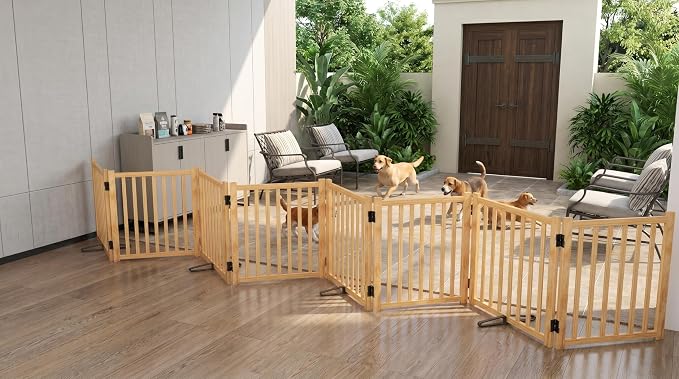 YOCAN Non-Painted Wooden Freestanding Dog Gate - 8 Panel 23" | Pet Gate for Indoor Use, Dog Fence for Doorways, Stairs & House, Step-Over Design, Easy to Install