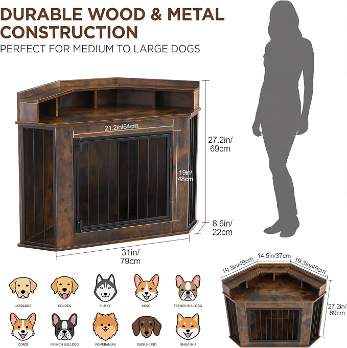 Corner Dog Crate Furniture for Small, Medium Dogs | Heavy Wooden Kennel, storage Shelves, Anti-Chew Design, Space-Saving, Indoor Use as TV Stand/Table