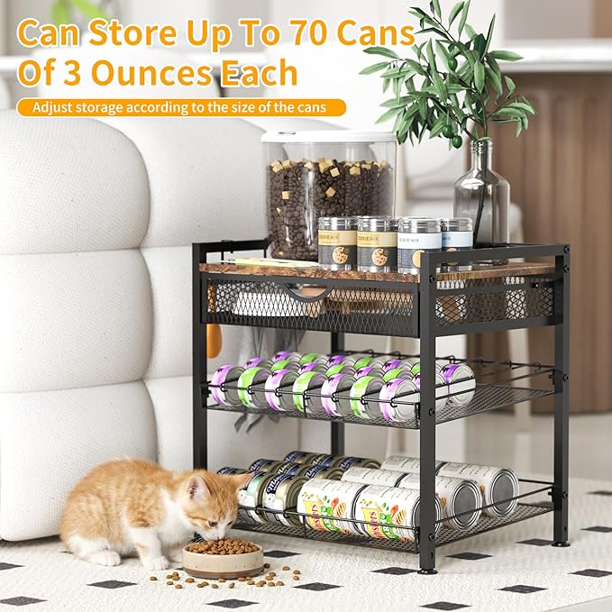 Cat Food Can Organizer, Storing Different Sizes Pet Food Canned Dispenser | 2-Tier Can Storage With Drawers,Automatic Slip Design,Manually Adjust The Gap Size Classify Cat Food Canned The Dispenser