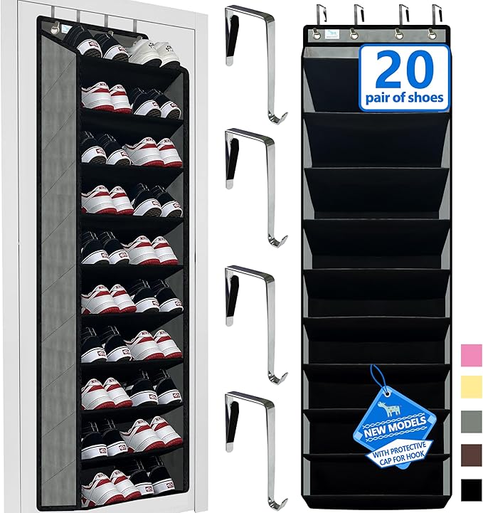 shoe organizer,70 Pounds Large Capacity,20-30-Pair over the door shoe organizer,10 Tiers shoe rack for closet,New upgrade Anti-scratch heavy duty hook and Bamboo material Baffle,Grey/Black | Extra Deep Pockets Over the Door Shoe Organizer for Dorm and ...