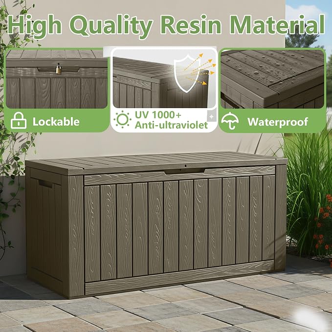 110 Gallon Waterproof Large Resin Deck Box, Lockable Large Outdoor Storage Box Indoor Outdoor Storage Container for Patio Cushions, Gardening Tools, Pool Supplies, Grey