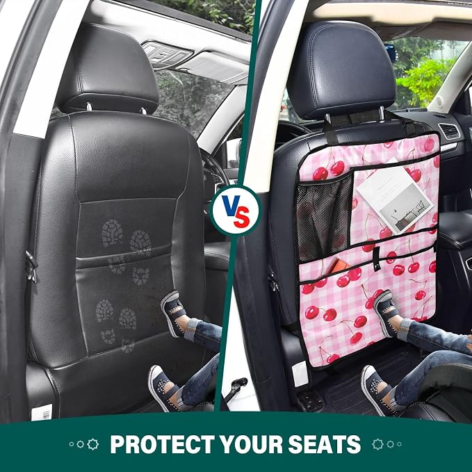 2 Pack Back Seat Car Organizer with Storage Pockets Kick Mats Back Seat Protector Hanging Car Organizer Automotive Seat Back Cover Organizers Pink Juicy Checkered Cherry