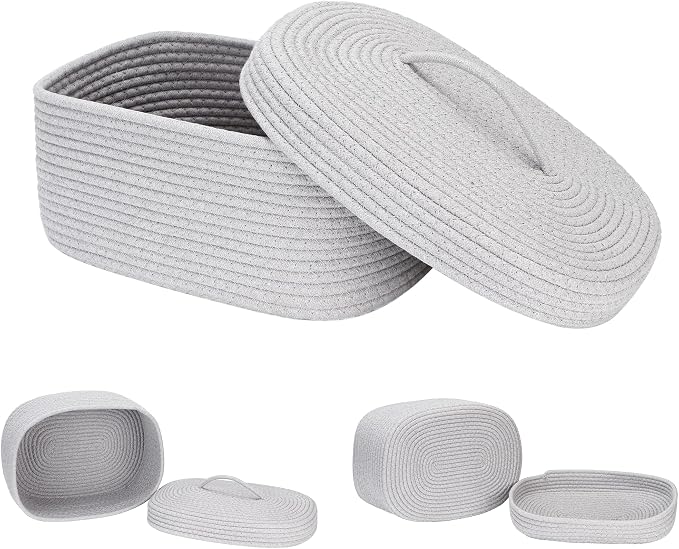 Sea Team Oval Storage Basket, Woven Cotton Rope Basket with Lid, Gray | Decorative Knitted Storage Bin, Multi-Purpose Lidded Organizer for Closet Shelves, Nursery and Household Storage