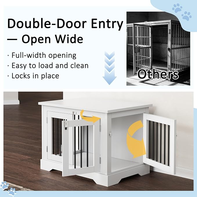 30" Wooden Dog Crate Furniture,Small Kennel Pet Cage End Table for Indoor | for Medium S XS Dogs, White, Fits Living Room Bedroom, Heavy Duty Steel Frame with Lock 25 lbs Cap, 100 lbs Top.