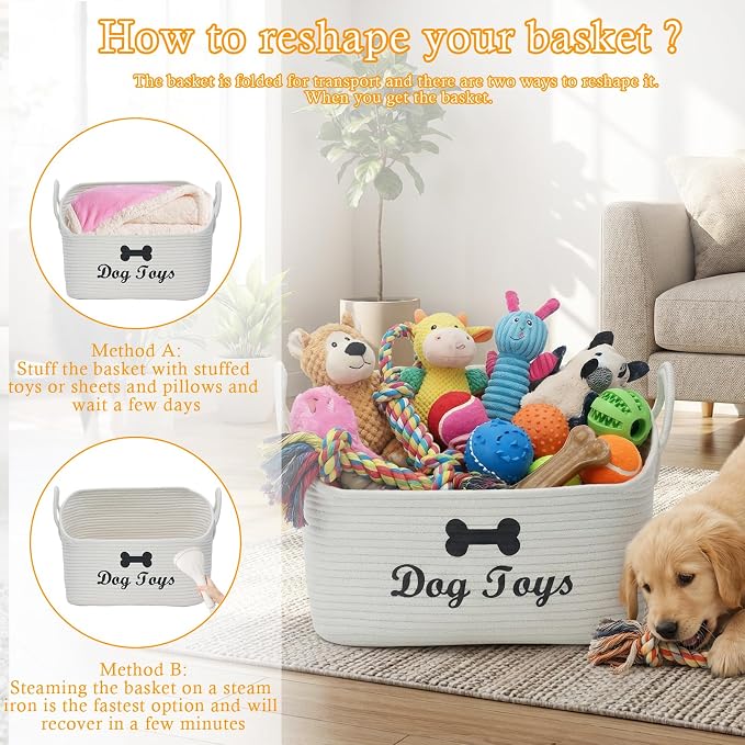 Large Dog Toy Basket-Woven Dog Toy Box for Living Room Area-Trapezoid Pet Toys Bin with Handle-Dog Organizer for Toys,Collar,Leash,Blanket -13.4''x11.8''x10.6''-Beige