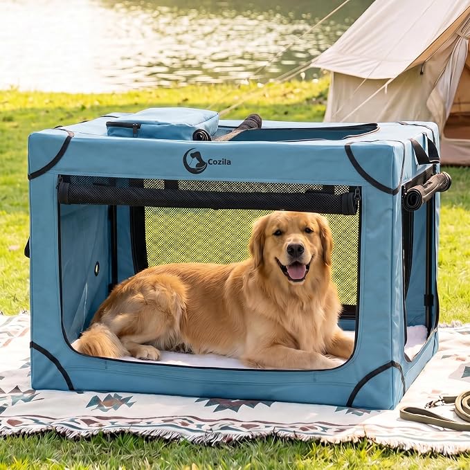 Portable Collapsible Soft Dog Crate for Extra Large Dogs, 42in Blue | Oxford Cloth Travel Camping dog kennel with 4 Mesh Windows & 2 Storage Pockets,for Indoor & Outdoor Use