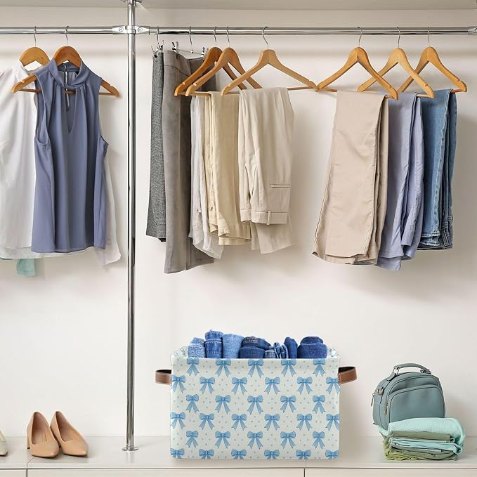Wamika Blue Bow Storage Basket with Waterproof Liner and PU Handles Coquette Bowknot Storage Bins Boxes 14.2" Collapsible Decorative Organizer Baskets for Bedroom Closet Office 1 Pack