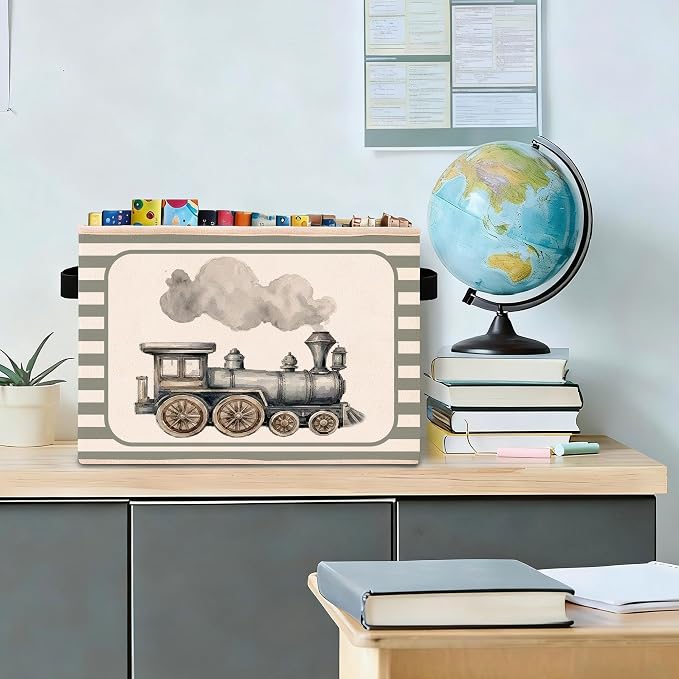 Train Storage Bin, Foldable Fabric Basket for Bedroom Nursery | Foldable fabric storage bin with vintage train design for toys, books, clothes, nursery, bedroom, and playroom organization.