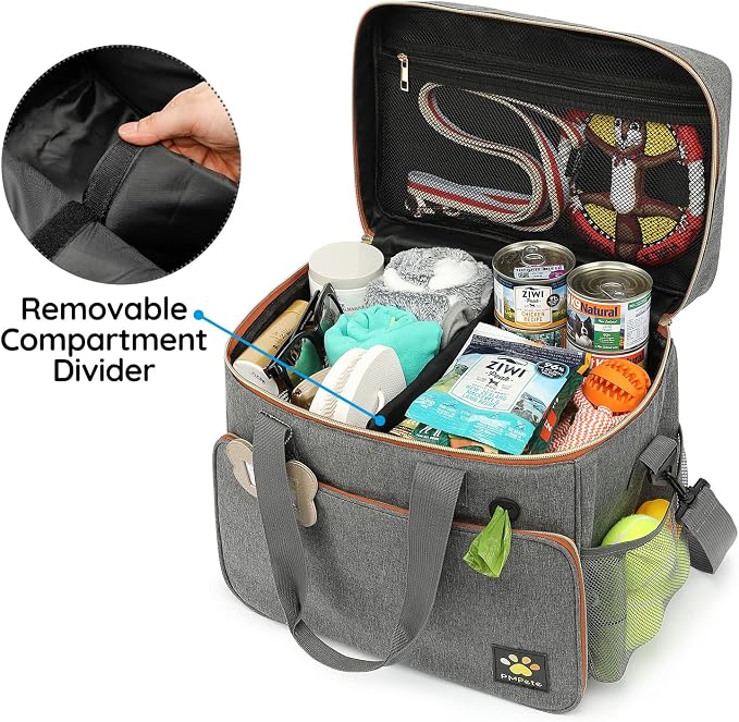 Dog Travel Bag for Traveling| Week Away/Overnight Dog Travel Accessories with Multi-Function Pockets| Travel Set for Dogs and Cats|Ideal Pet Diaper Bag and Pet Gift Kit(Grey)