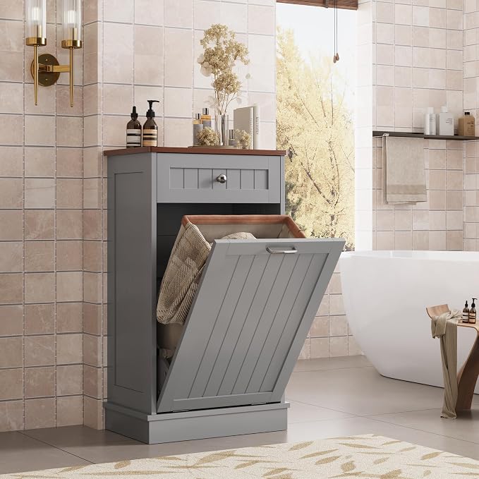 KIGOTY Tilt Out Trash Can Cabinet, Laundry Hamper Cabinet, Kitchen, Gray