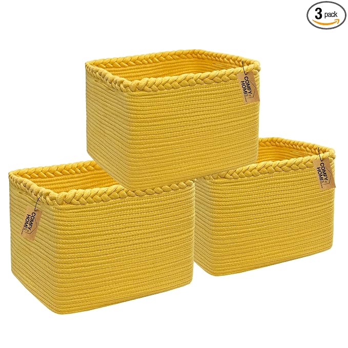 COMFY-HOMI 3PACK Cotton Rope Square Basket with Handles for Shelves| Storage|Baby Basket for GIF|Shoe Basket for Organizing|New13.5" x 11" x 9.5" for Living Room