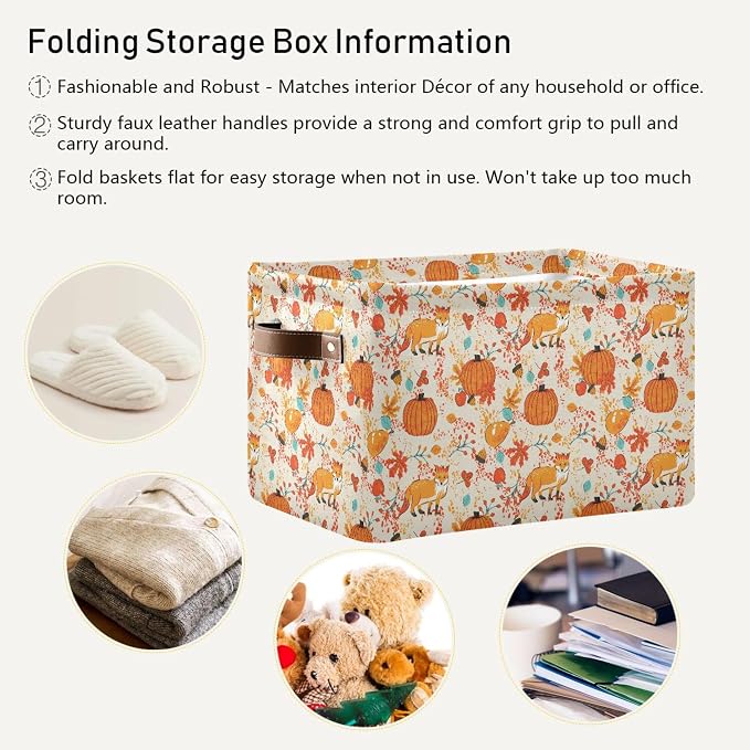 Fall Pumpkin Fox Storage Basket with Waterproof Liner and PU Handles Autumn Maple Leaves Berry Storage Bins Boxes 14.2" Collapsible Decorative Organizer Baskets for Bedroom Closet Office 2 Pack