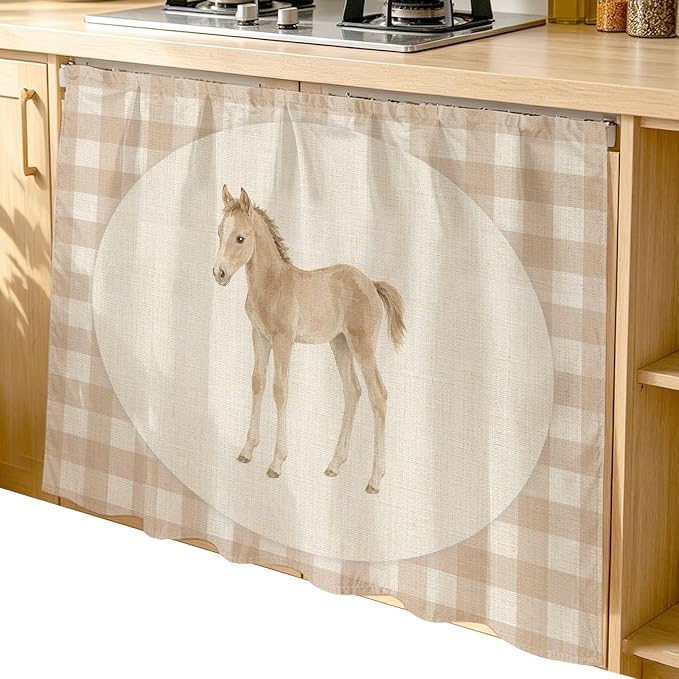 Graceful Pony Cabinet Dishwasher Hidden Curtains, Privacy Closet Door Curtain, Retro Natural Horse Farmhouse Plaid Rustic Adhesive Dust Proof Under Sink Skirt for Bathroom Kitchen 35"x35"
