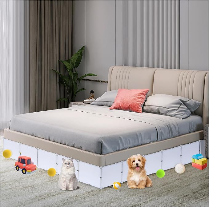 7 Pack Under Bed & Couch Blocker for Pets and Toys - 83" Length, 11.8" Height for One Side of Queen Bed | Includes Sticky Tape, Connectors & Zip Ties - White