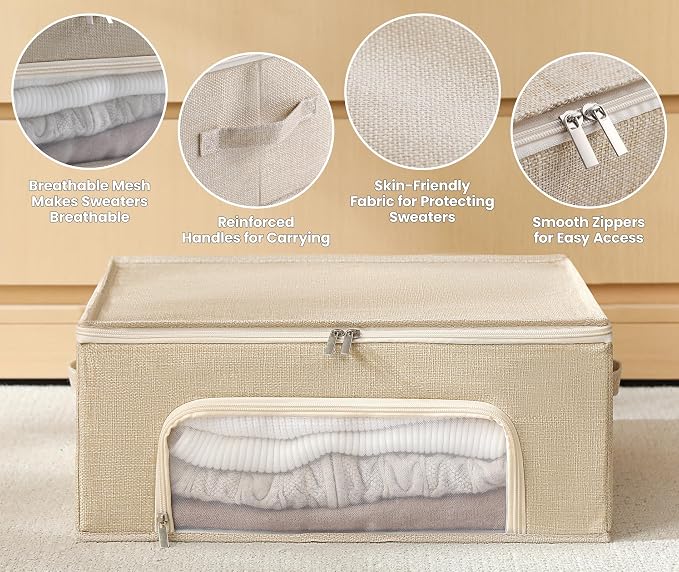 2-Pack Cashmere Sweater Storage Bags for Wool with Cedar Blocks, Beige | Breathable Cashmere/Wool Garment Storage, Mesh Window, Rigid PP Support, Cedar Protection, Foldable Closet Clothes Storage