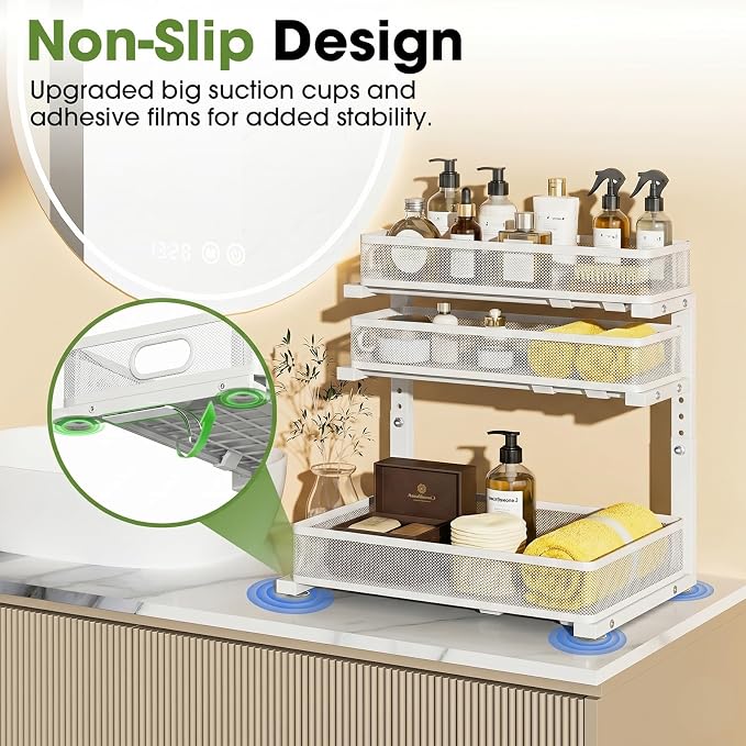 Under Sink Organizer 3 Tier, 2 Pack L-Shaped Pull-Out Cabinet Organizer with Sliding Metal Mesh Drawers, Height Adjustable Under Sink Storage Rack for Kitchen Bathroom Cabinet, White