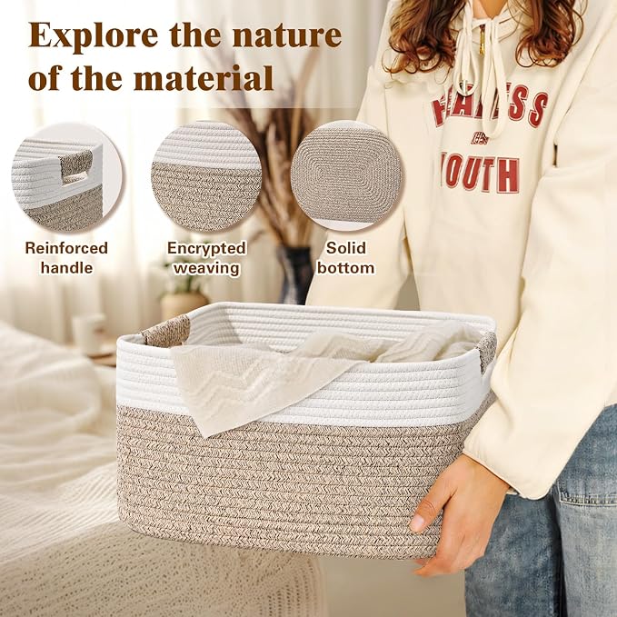 3 Pack Large Storage Basket for Organizing, 17.5"x13"x7" Woven Basket for Shelves, Closet Cube Storage Bins with Wrapped Handle, Cotton Rope Baskets for Kitchen, Clothes, Toys(Off White & Brown)