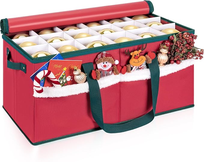 Christmas Ornament Storage Box with Adjustable Dividers Zippered Top Stores up to 54 Holiday Ornaments (4 Inch) Xmas Ball Decorations Organizer Storage Container Bin