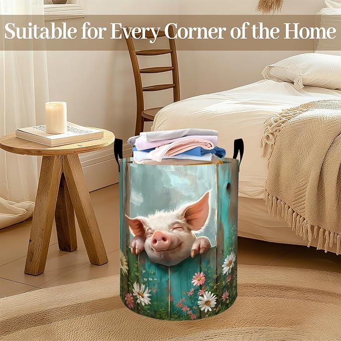 Cute Pig Laundry Basket, Rustic Daisy Floral Foldable Oxford Cloth, Waterproof Dirty Clothes Hamper with Handles, Clothing Storage Bin Toy Organizer for Bedroom Dorm Bathroom, 19.7"x15.7"
