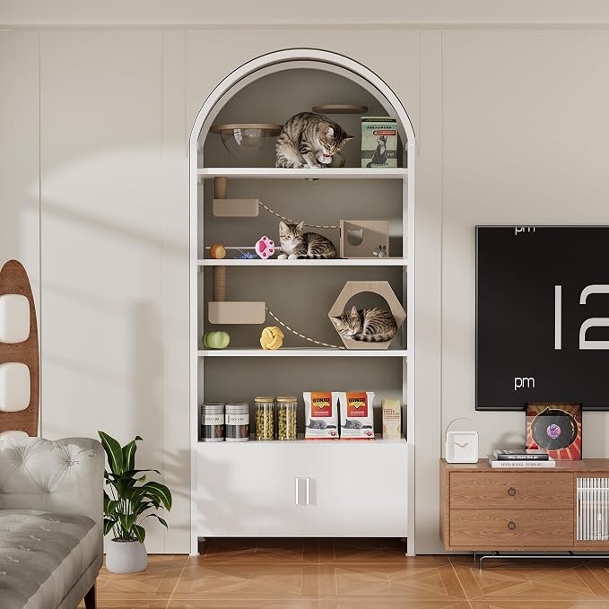 Kepptory Arched Cat Storage Shelf, 5-Tier Cat Tower Display Rack with Cabinet