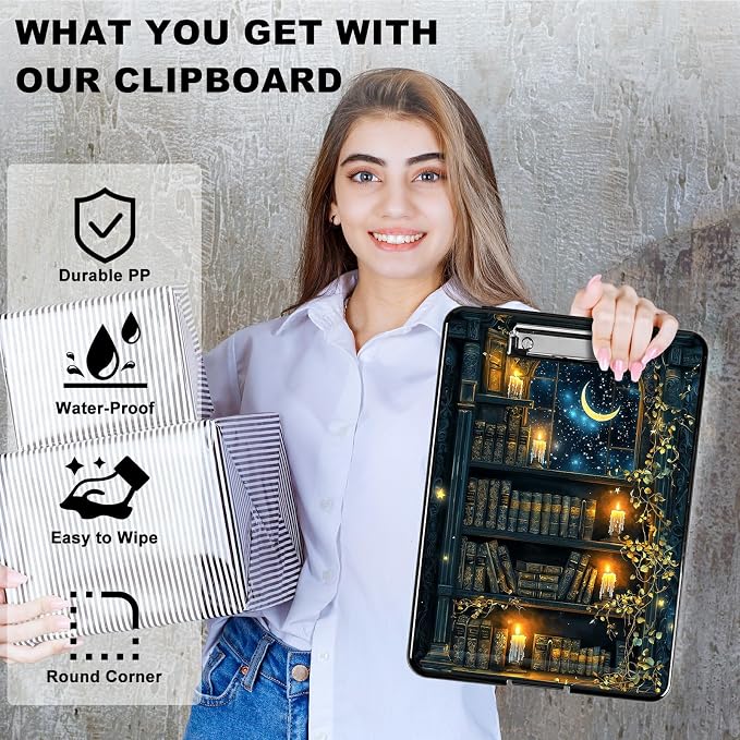 Heavy Duty Storage Clipboard, Slim Nursing Clipboard with Internal Pen Case, Portable File Organizer Case for A4 Letter Size Paper Office Medical Professionals, Vintage Candle Books