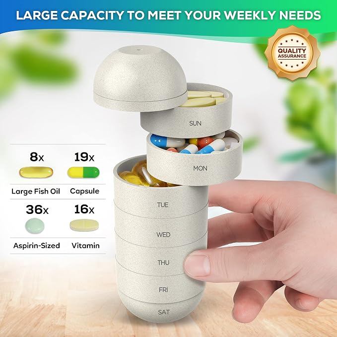 Zannaki Upgrade Large Compartment Grain Fiber Moisture Proof Cute Weekly Pill Organizer, Laser Carving Markings, BPA Free Travel Hiking 7 Day Pill Box Case to Hold Pills,Vitamins,Fish Oil,Supplements