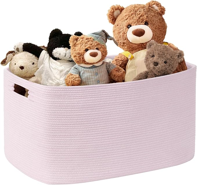 45L Small Woven Laundry Basket Hamper with Handles, Pink | collapsible wicker hamper, storage for dirty clothes, toys, blankets, gifts, living room, bedroom, bathroom, 18"x14"x11"