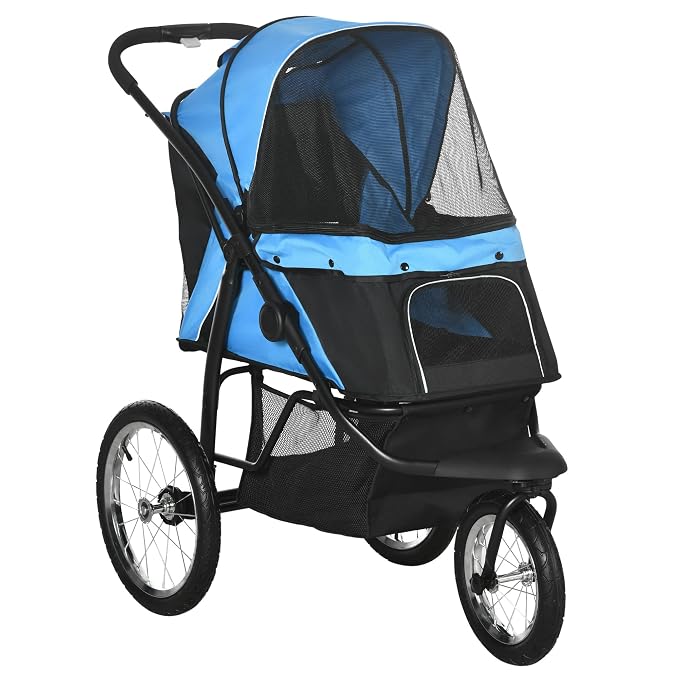 PawHut 3 Wheels Pet Stroller Foldable Jogger for Medium Dogs Blue | Adjustable Canopy, Safety Tether, Cushion, Storage Basket, Portable for Meidum Dogs and Cats