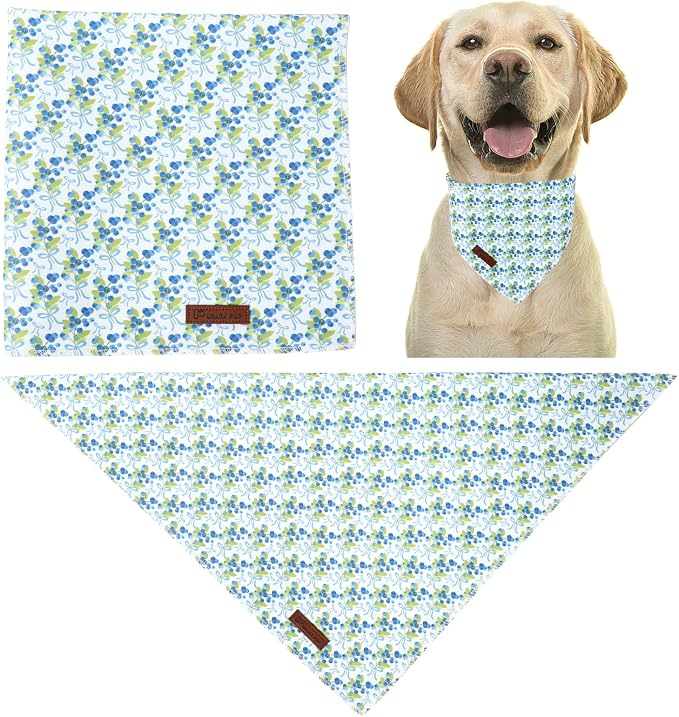 Blueberry Dog Bandana, Spring Summer Blueberry with Bowtie Puppy Bandana for Girl Female Dogs, Soft Cotton Pet Triangle Bid Scarf Kerchief for Girl Boy Dogs or Cats