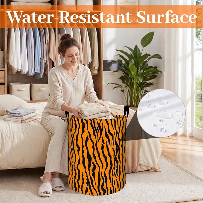 Tiger Print Laundry Basket, Orange Animal Stripe Oxford Cloth Dirty Clothes Collapsible Hamper for Room Decor, Minimalist Gifts, Toy Organizer 19.7 x 15.7 Inches for Bedroom Bathroom Dorm