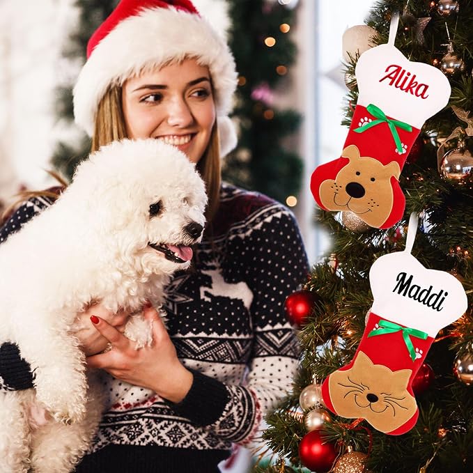 Personalized Christmas Stockings for Dogs Cats, Custom Pet Christmas Stockings with Embroidered Name, Red Bone Pet Xmas Stockings for Holiday Decoration (5 Pcs)