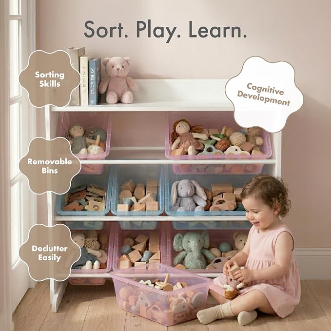Humble Crew Kids Toy Organizer with Display Shelf, 9 Bins, 3 Tier Storage | Sturdy wood and steel toddler shelf, removable BPA-free containers, wall anchor anti-tip safety kit for bedroom or classroom
