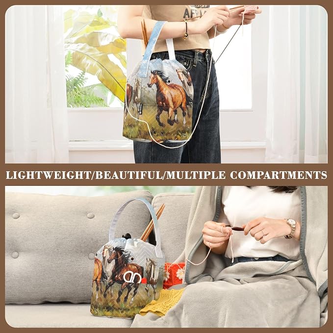 Fustylead Horses Galloping on Grassland Oil Painting Yarn Knitting Crochet Drawstring Bag with Customized Front Compartment, Portable Large Storage Basket for Crocheting Project, Yarn Ball, Needles
